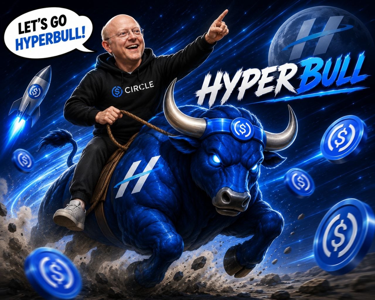 HyperBull mascot charging through space
