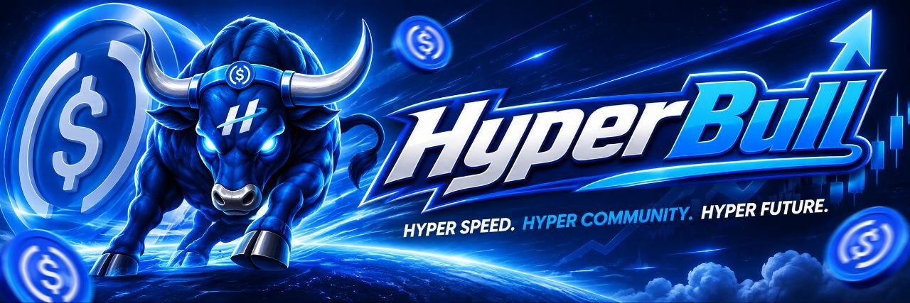 HyperBull cinematic banner with blue bull mascot and USDC coins
